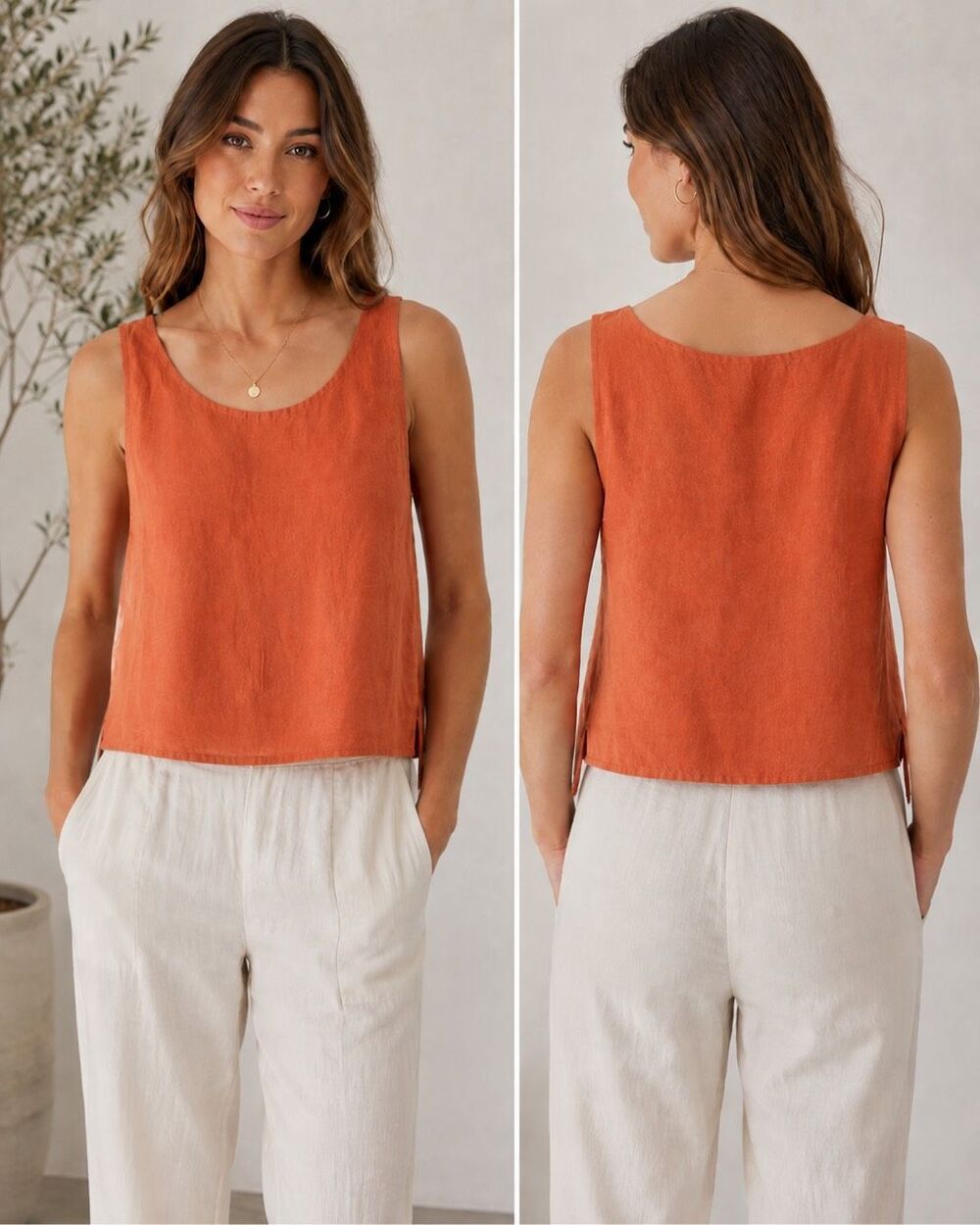 Eileen Fisher Petite PP Orange Linen Silk Sleeveless Tank Top Side Slits Lagenlo